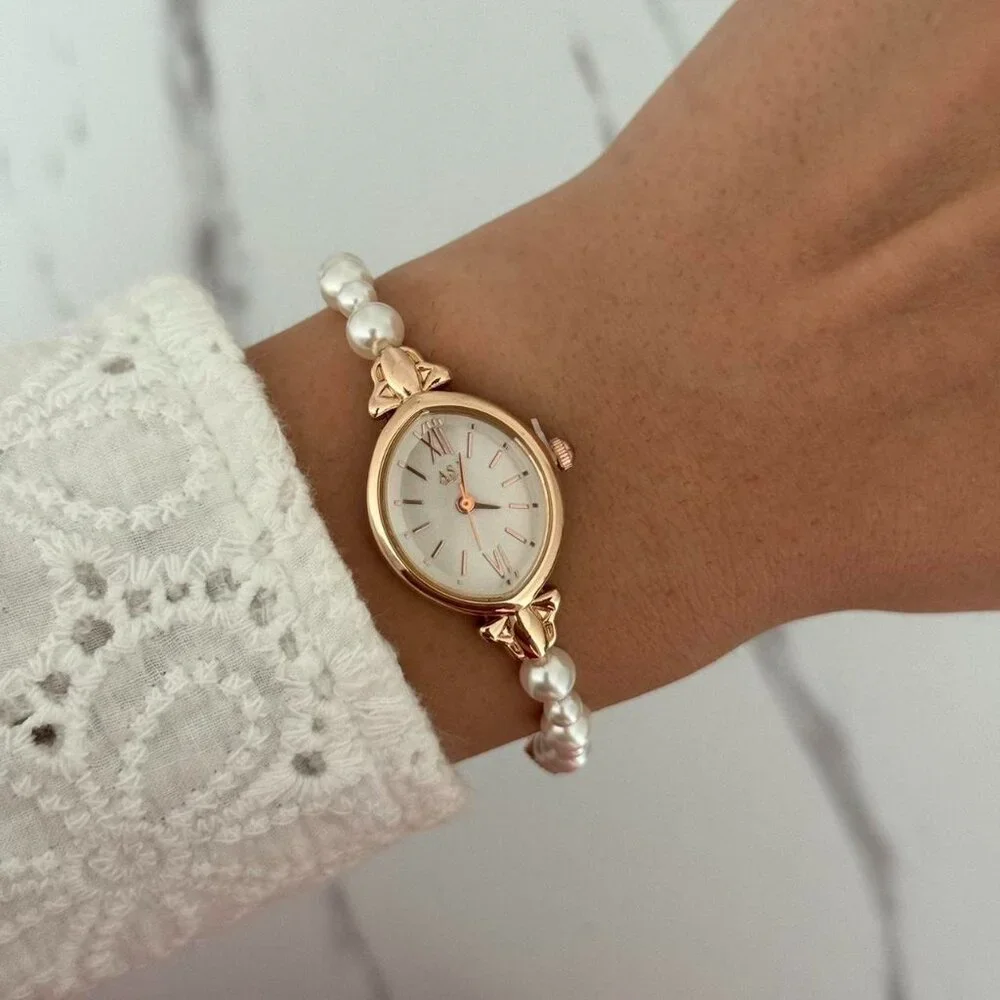 Sku0515‎ Retro Gold/White Pearls Women Fashion Watch stainless steel + gift bag